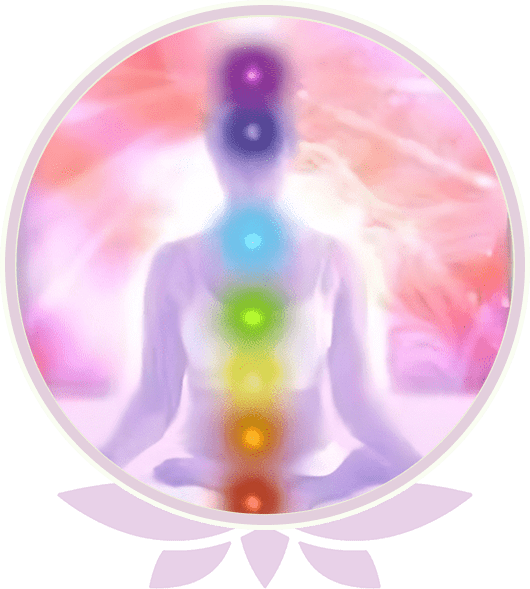 A person is sitting in the lotus position with seven chakras on their chest.